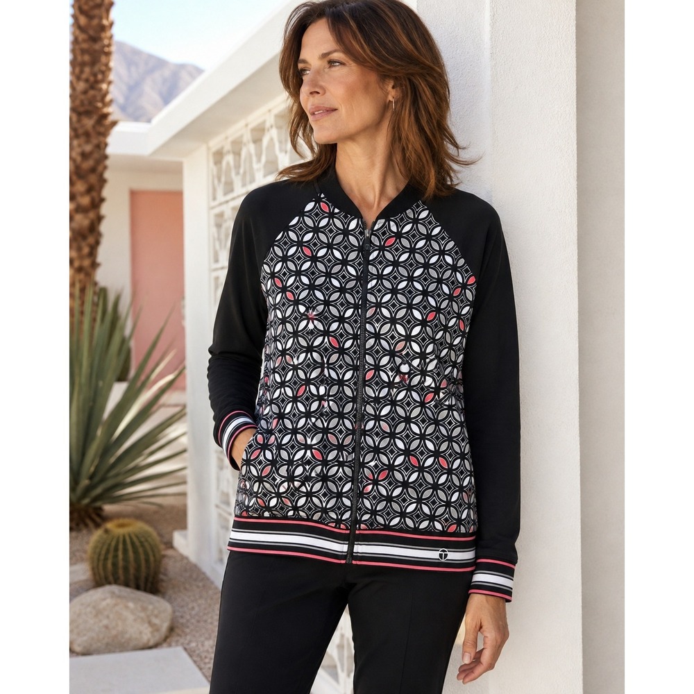 Trina Turk Recreation Geometric Print Full Zip Athletic Jacket Black Coral L